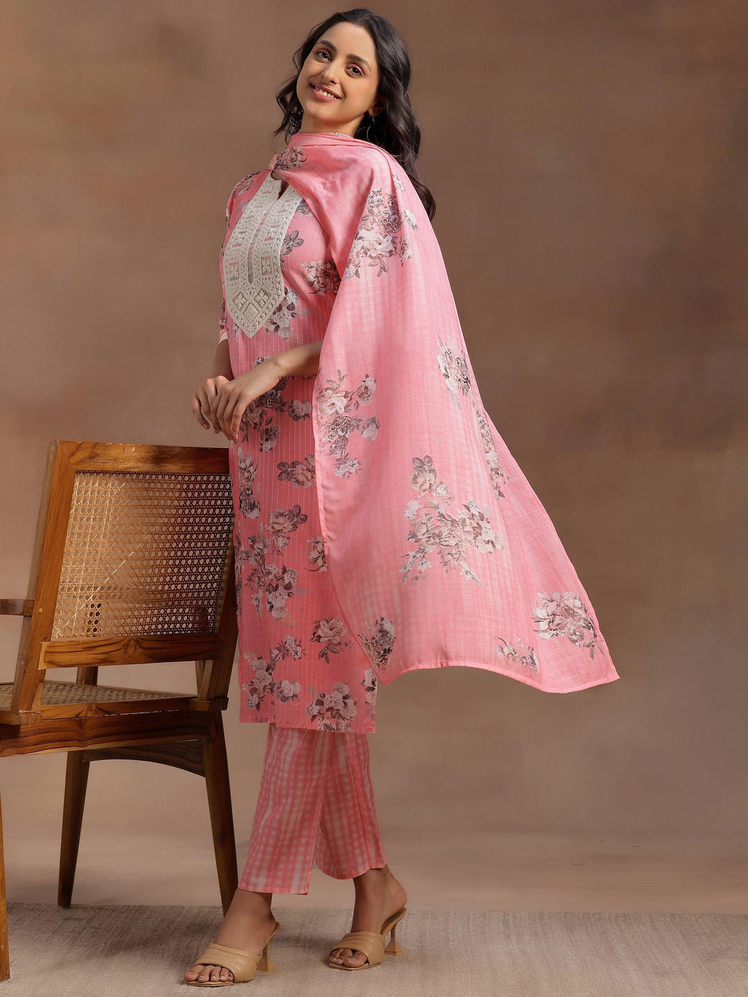 Pink Printed Cotton Straight Suit With Dupatta - Libas 