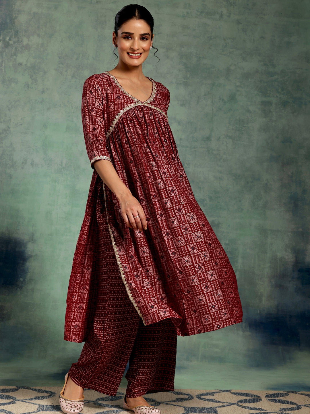 Maroon Printed Silk Blend A-Line Kurta With Palazzos & Dupatta - Libas 