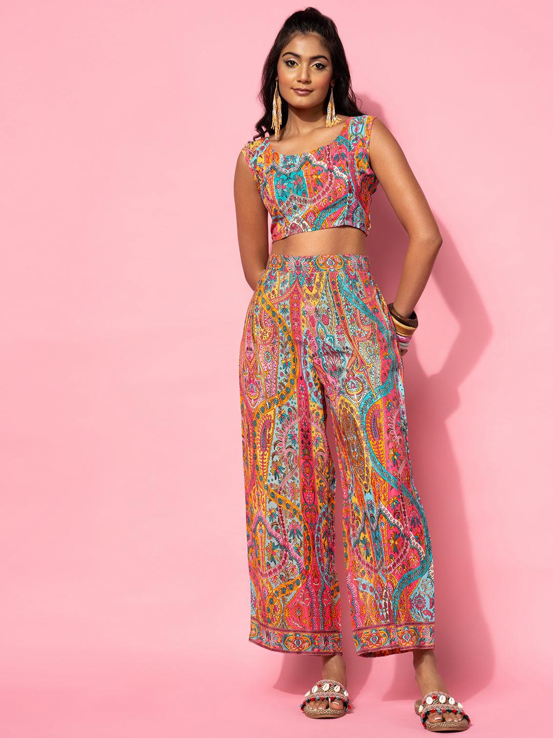 Multicoloured Printed Silk Blend Co-Ords - Libas