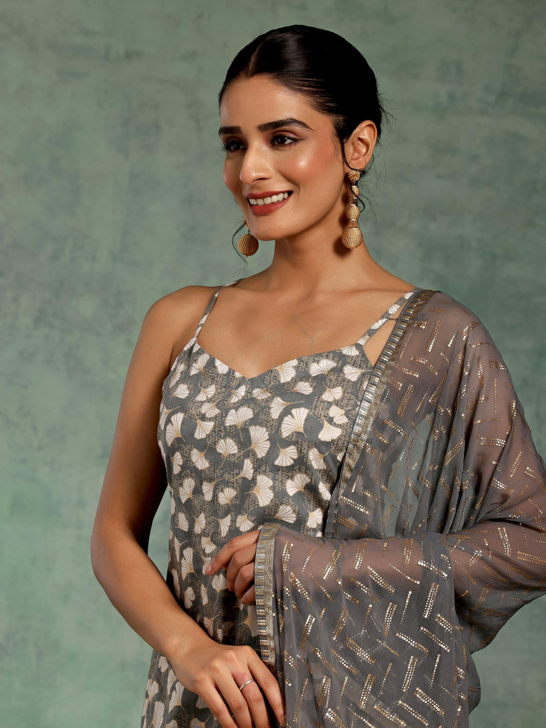 Grey Printed Cotton Straight Suit With Dupatta - Libas 