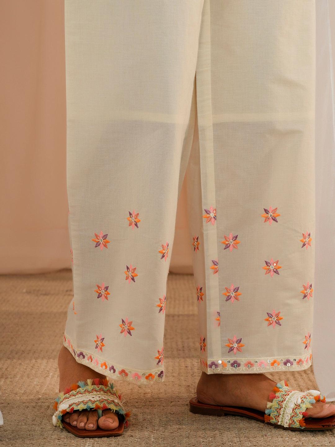 Off White Embroidered Cotton Straight Suit With Dupatta - Libas