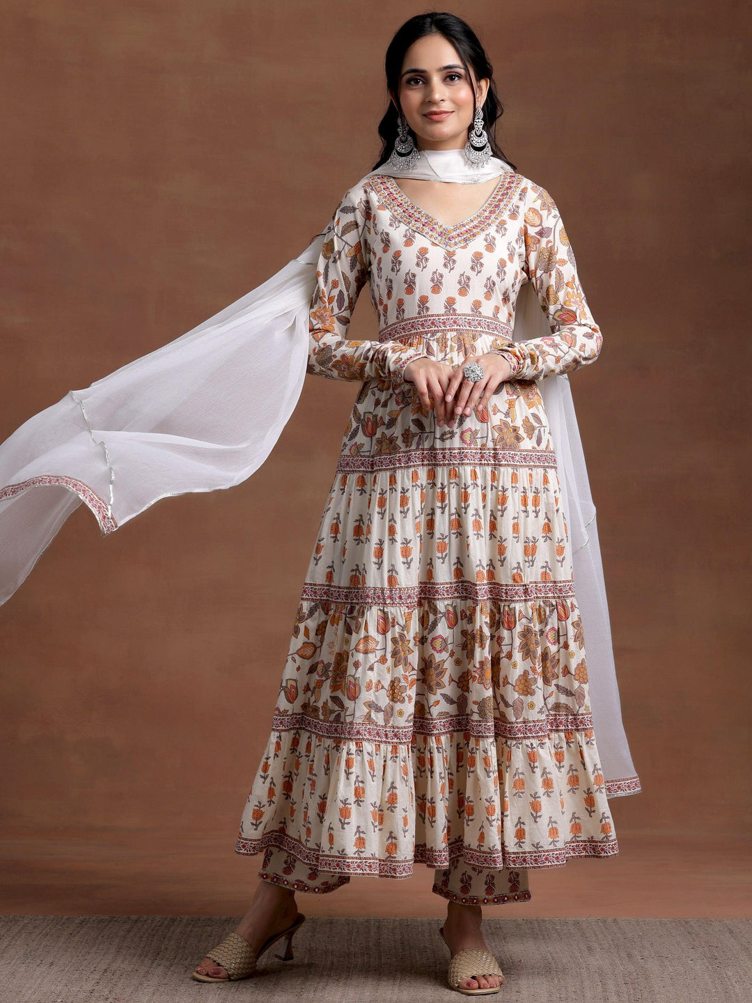 Off white Printed Cotton A-Line Kurta With Palazzos & Dupatta - Libas 