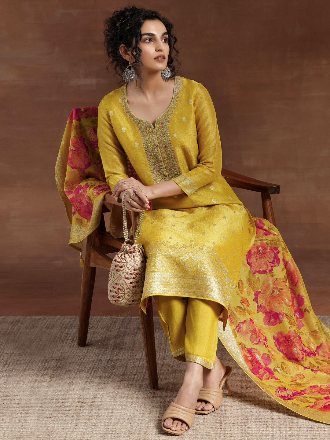 Mustard Woven Design Chanderi Silk Straight Suit With Dupatta - Libas 