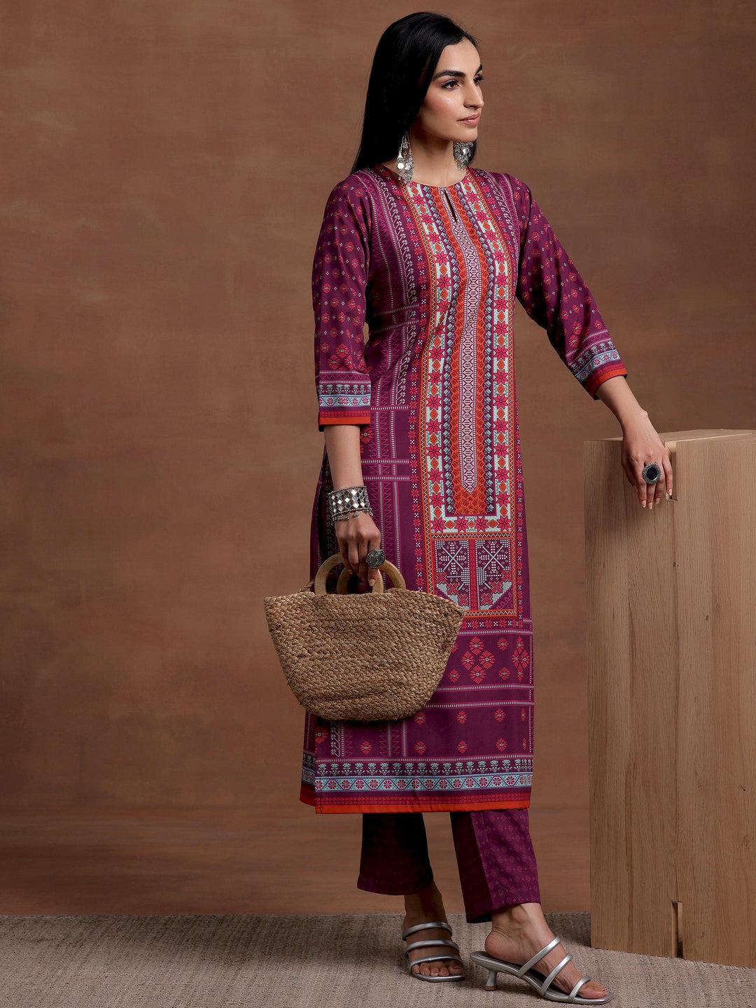 Wine Printed Poly Crepe Straight Kurta Set - Libas 