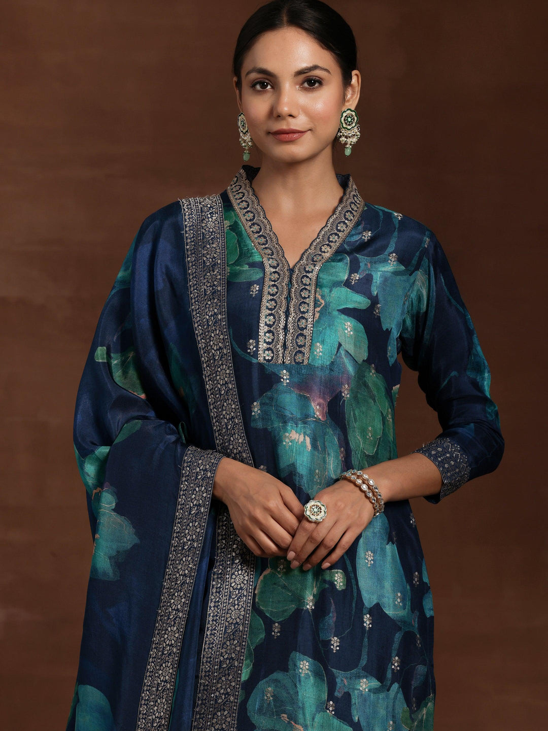 Blue Printed Silk Blend Straight Suit With Dupatta - Libas 