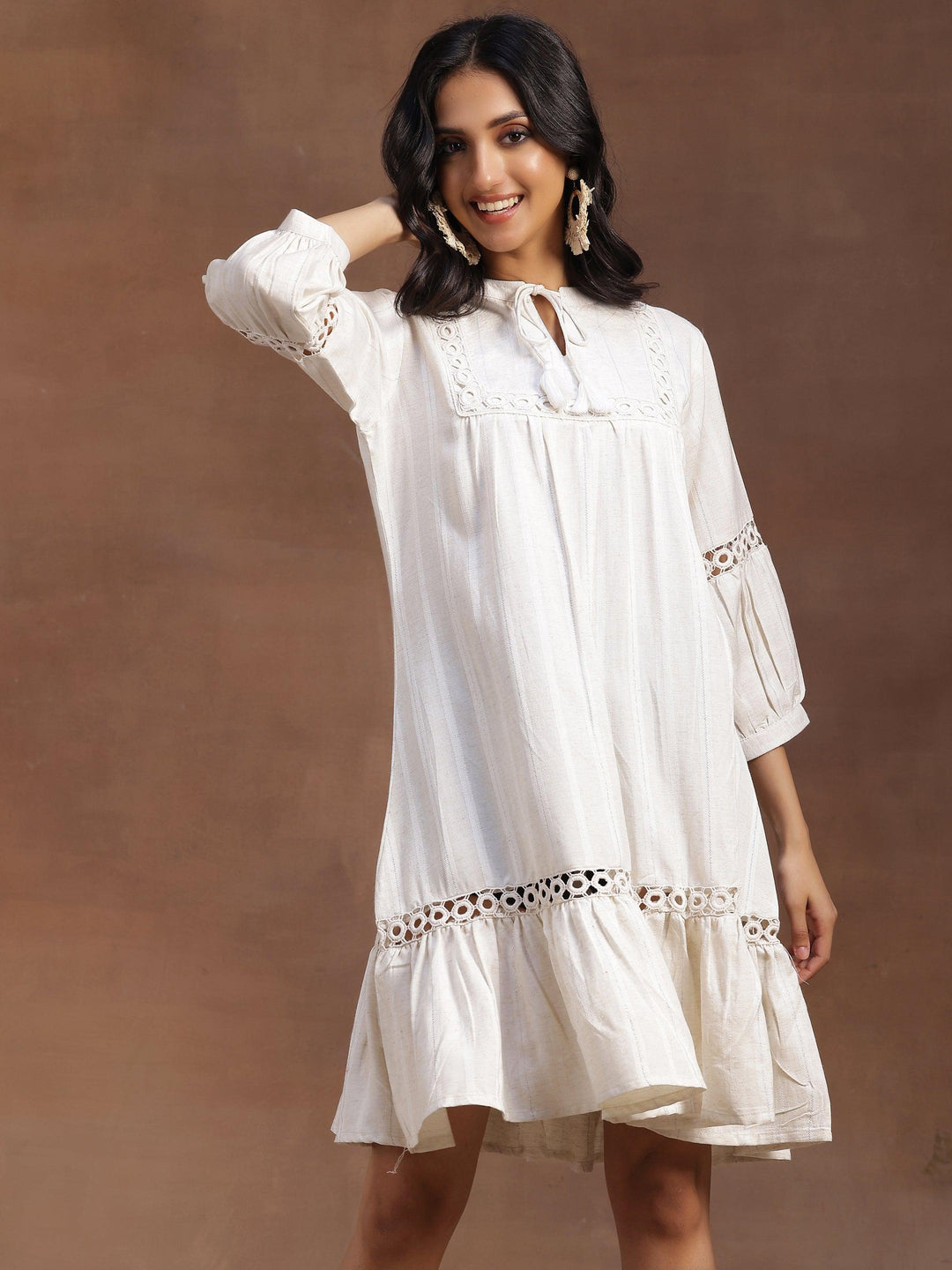 Off White Self Design Cotton A-Line Dress - Libas 