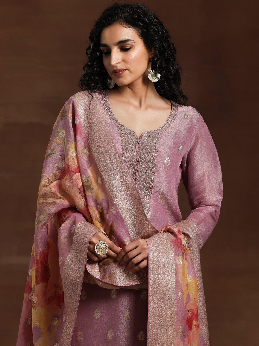 Mauve Woven Design Silk Blend Straight Kurta With Palazzos & Dupatta - Libas 