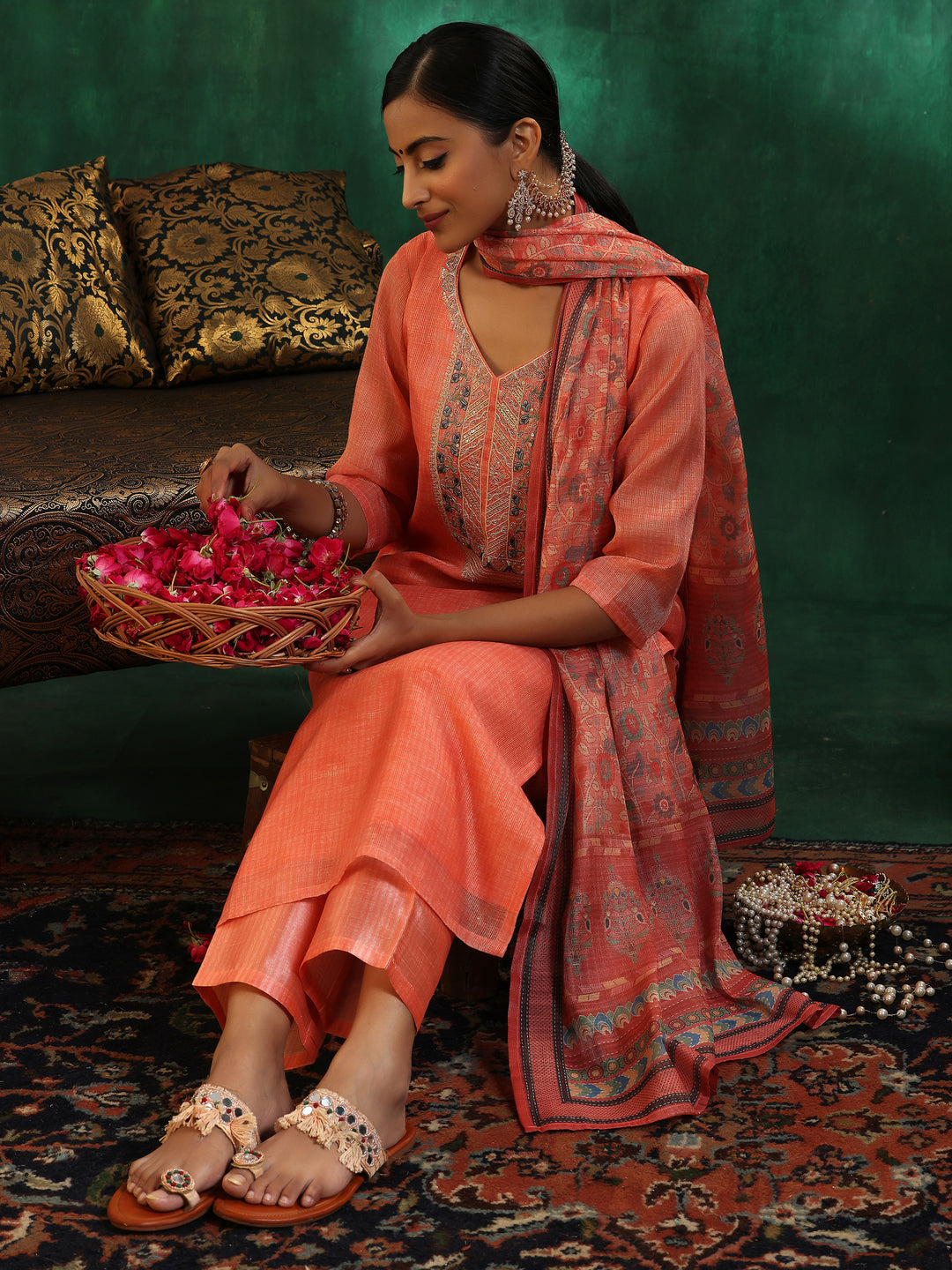 Peach Yoke Design Silk Blend Straight Suit With Dupatta