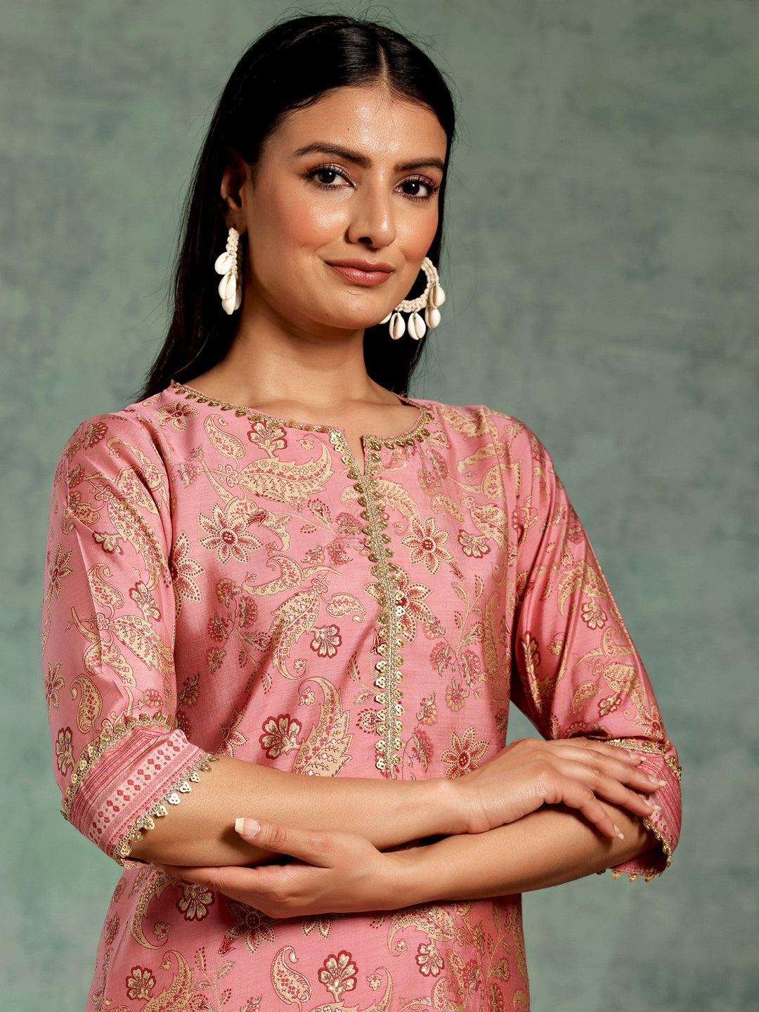 Pink Printed Silk Blend Straight Suit With Dupatta - Libas