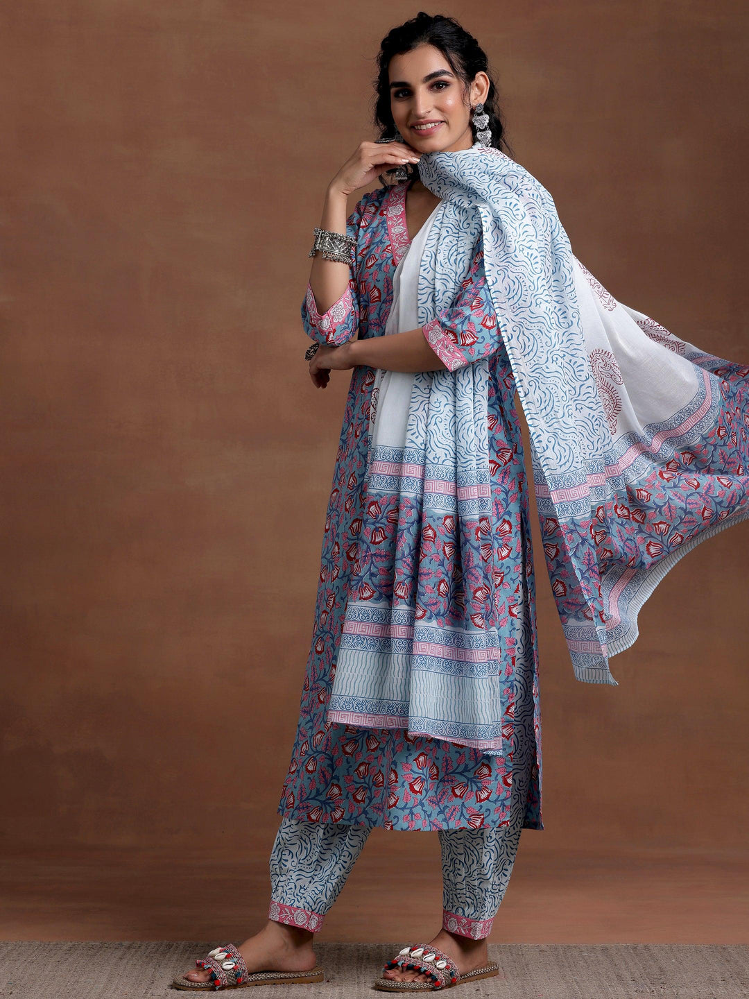 Blue Printed Cotton Straight Suit With Dupatta - Libas 