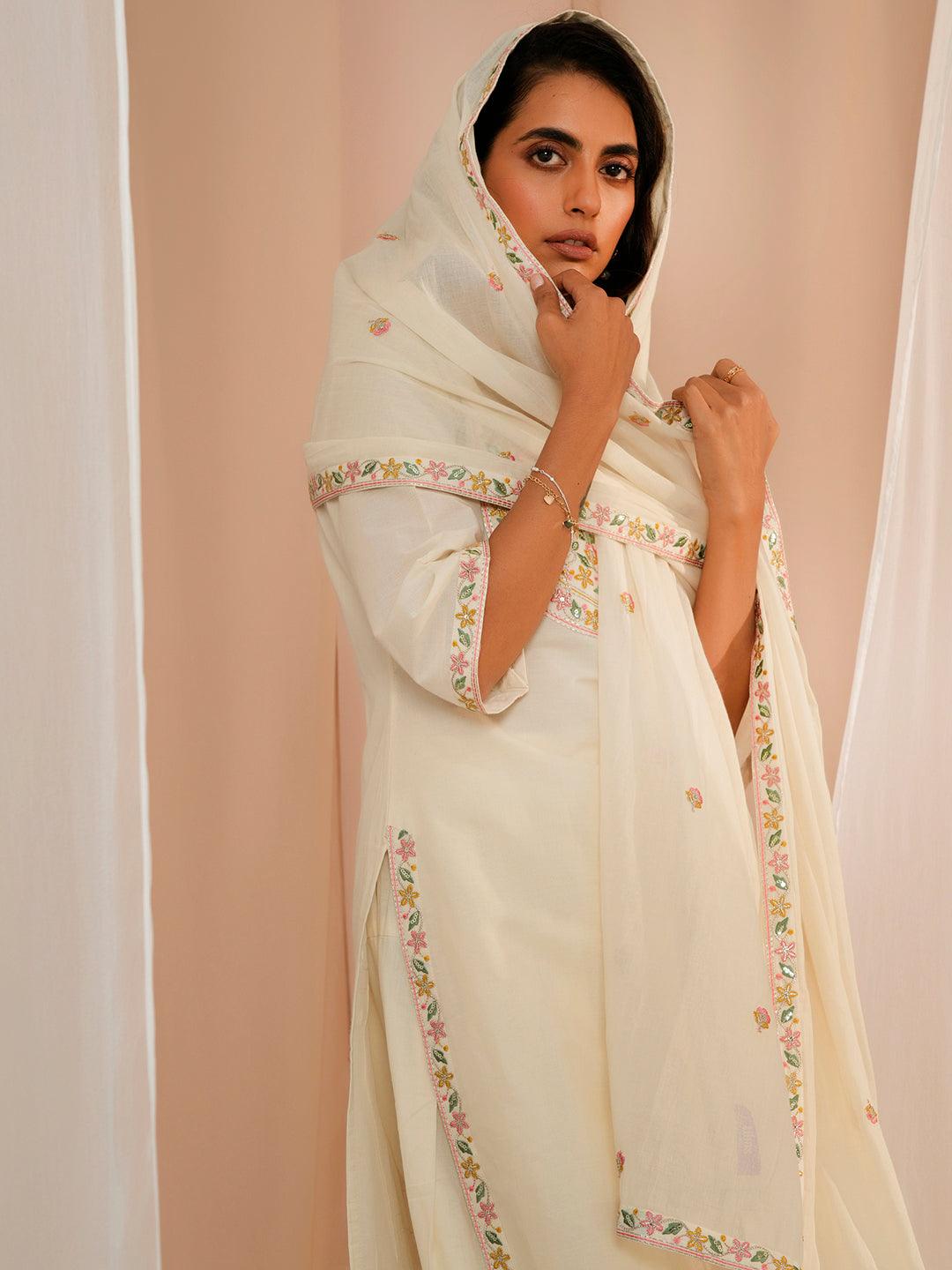 Off White Yoke Design Cotton Straight Suit With Dupatta - Libas