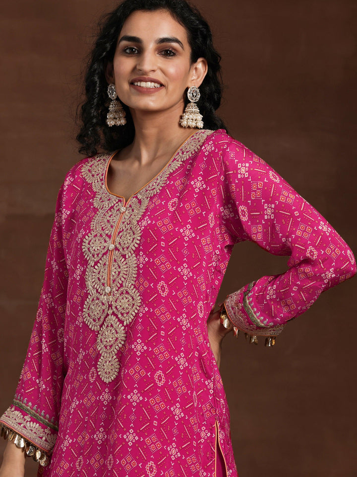 Libas Art Pink Printed Silk Blend Straight Suit With Dupatta - Libas