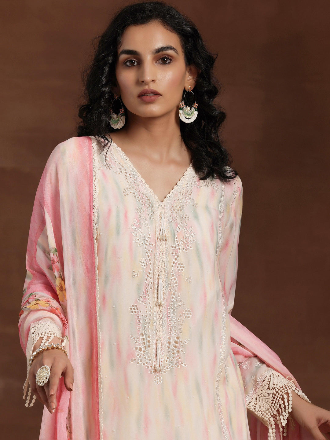 Beige Embroidered Organza Straight Suit With Dupatta - Libas 