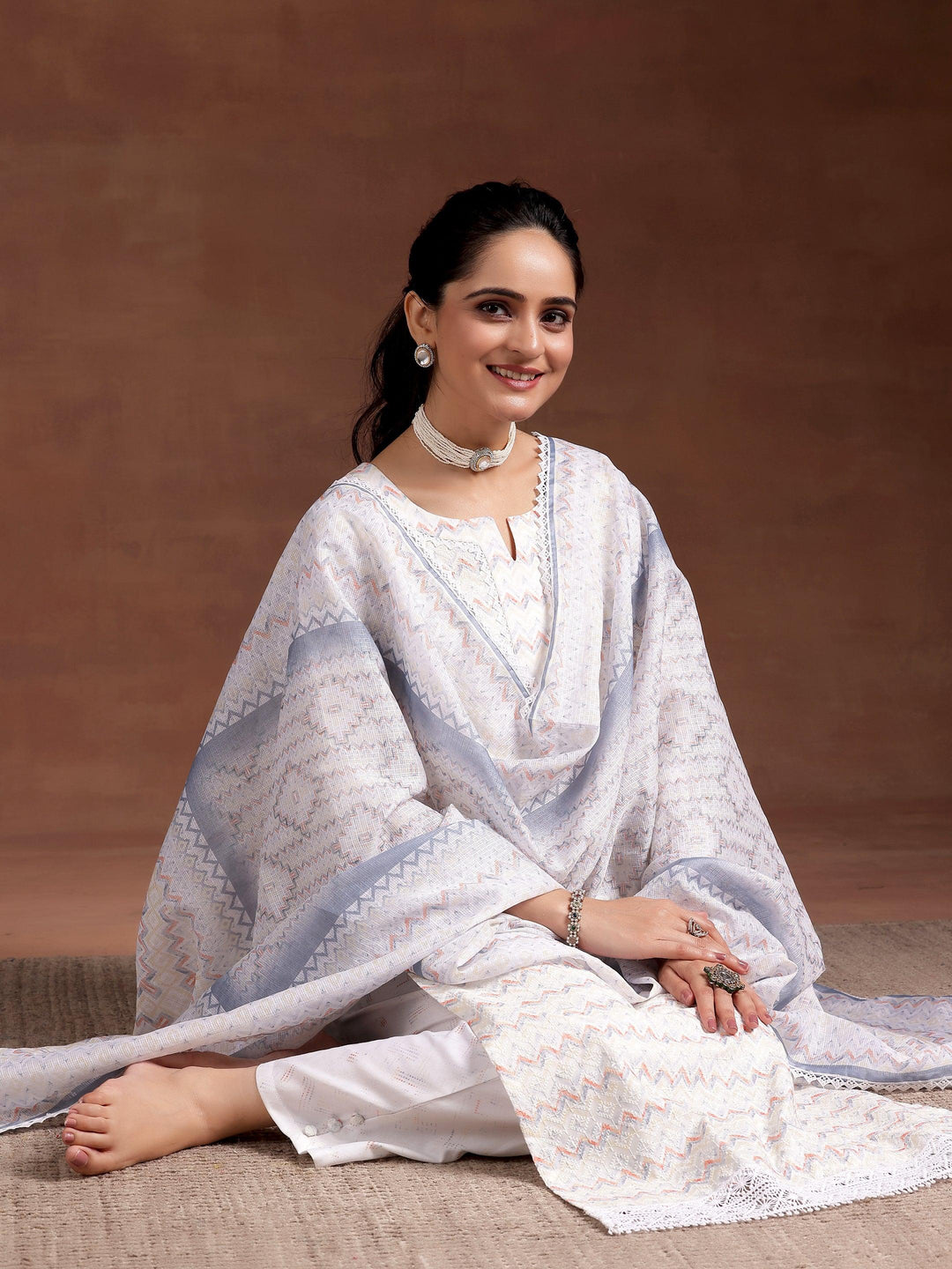 Off White Embroidered Cotton Blend Straight Suit With Dupatta - Libas 