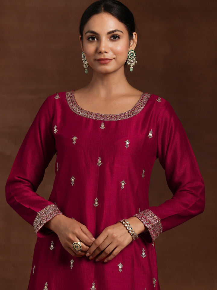 Pink Embroidered Silk Blend Straight Suit With Dupatta - Libas