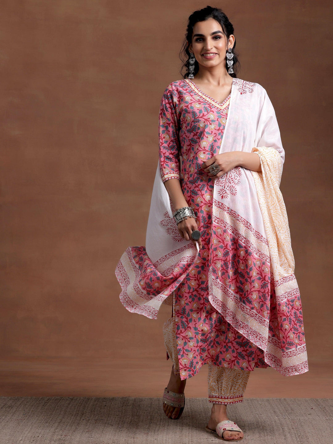 Pink Printed Cotton Straight Suit With Dupatta - Libas 