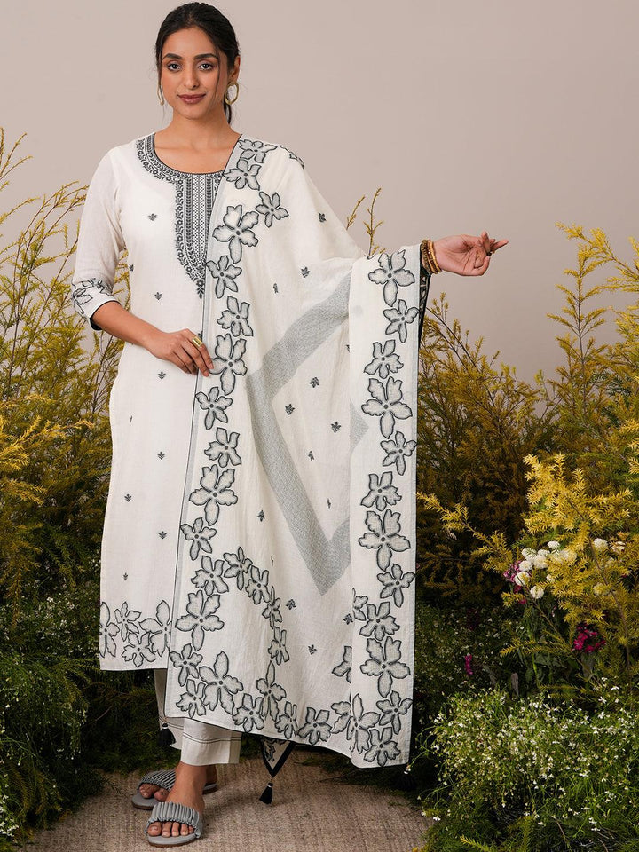 Off White Woven Design Cotton Straight Suit With Dupatta - Libas