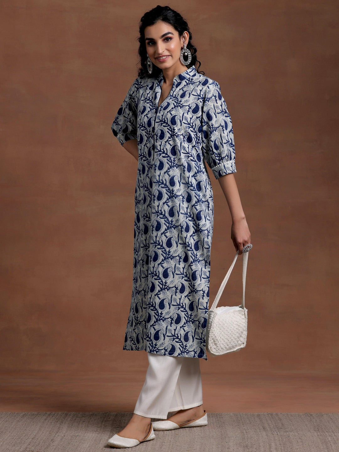 Blue Printed Cotton Straight Kurta - Libas