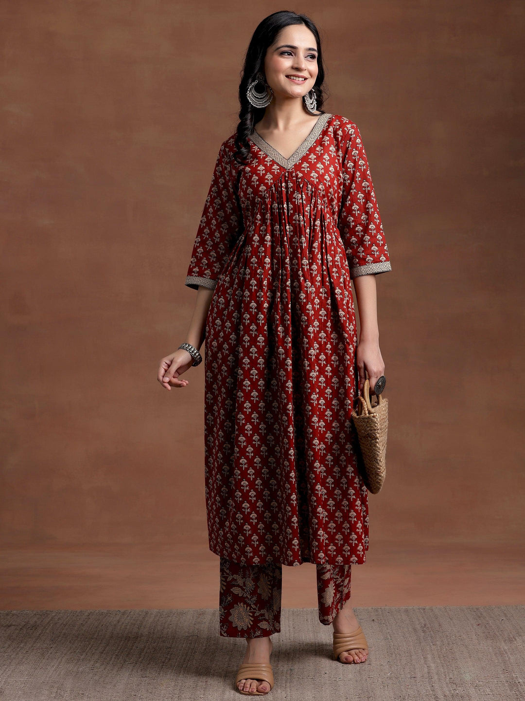 Rust Printed Cotton A-Line Kurta With Palazzos - Libas 