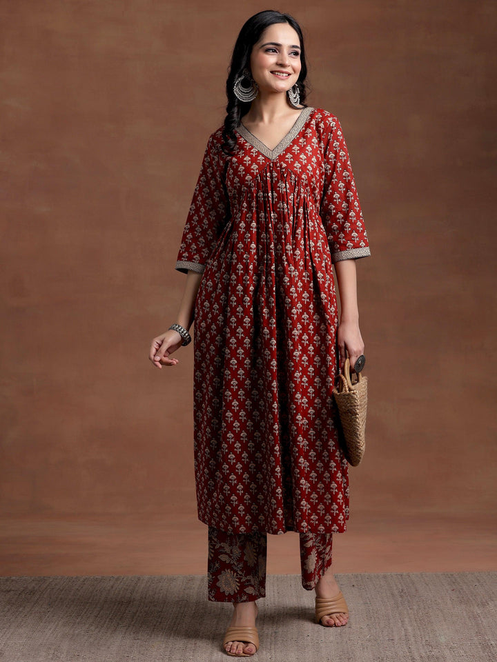 Rust Printed Cotton A-Line Kurta With Palazzos - Libas