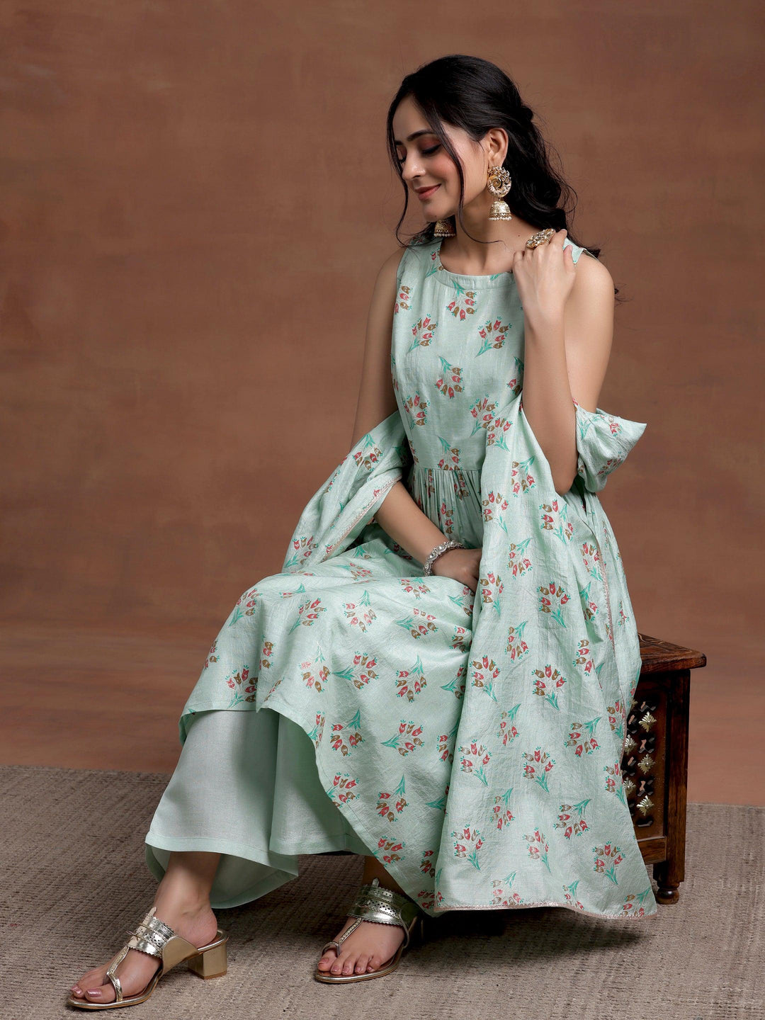 Sea green Printed Silk Blend A-Line Kurta With Palazzos & Dupatta - Libas