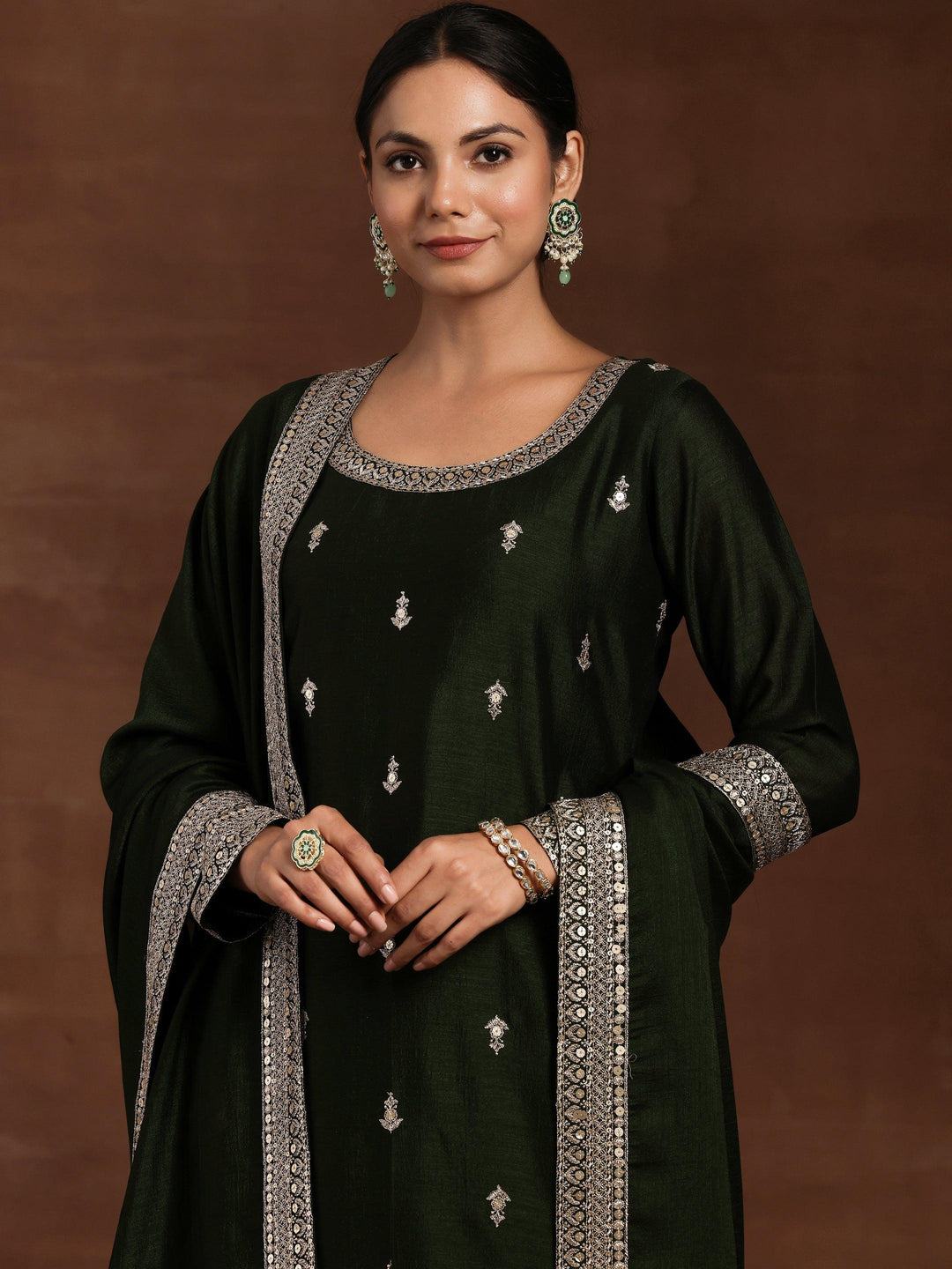 Green Embroidered Silk Blend Straight Suit With Dupatta - Libas 