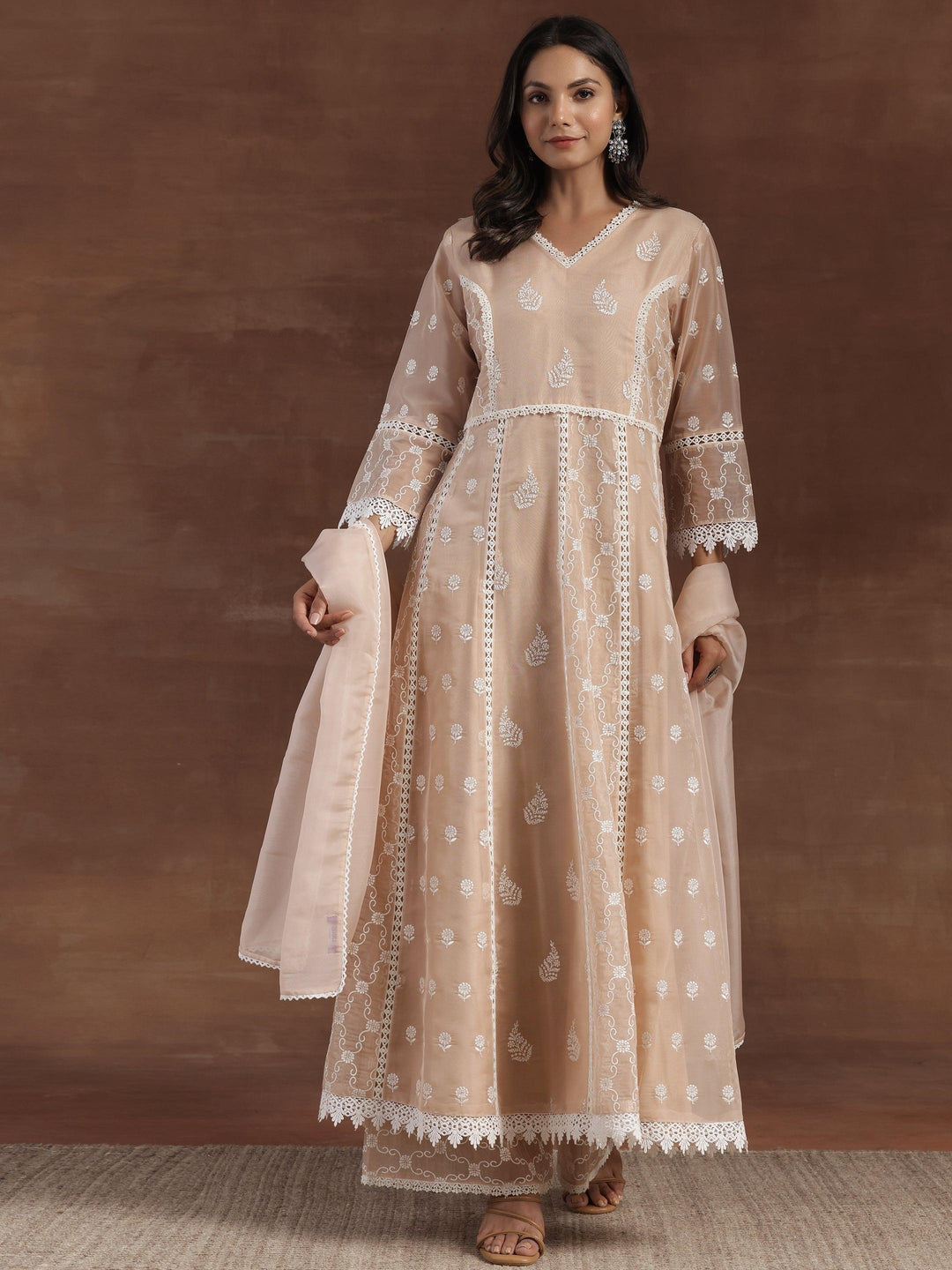 Nude Embroidered Organza A-Line Kurta With Palazzos & Dupatta - Libas 