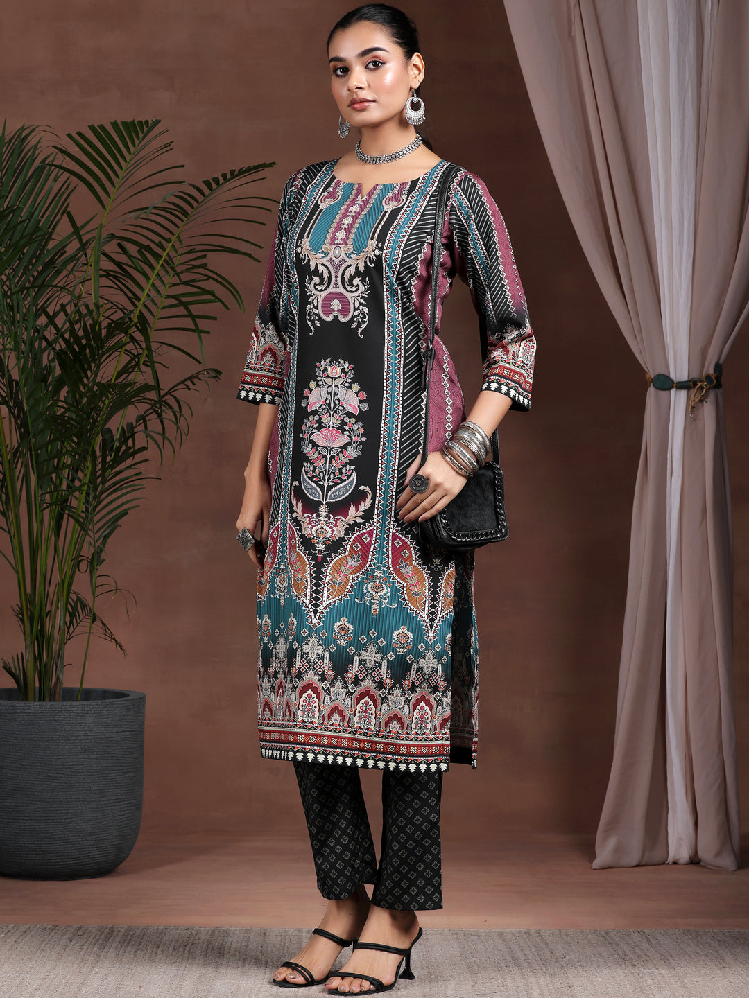 Black Printed Poly Crepe Straight Kurta Set