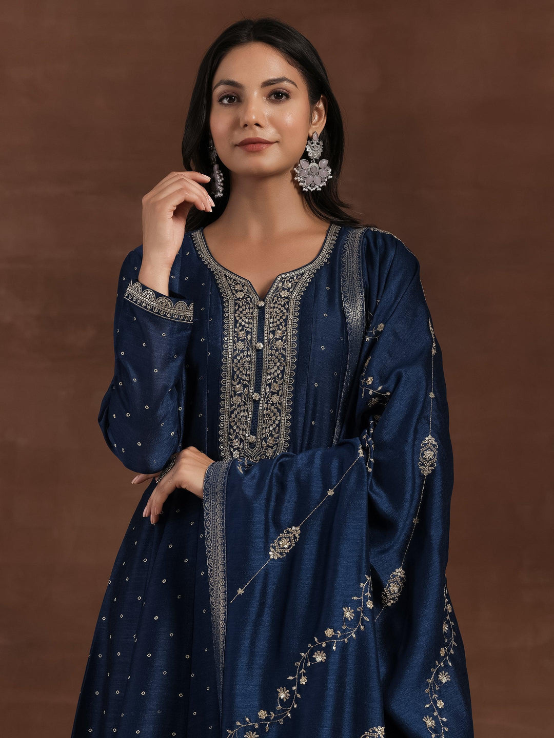 Rizwana Blue Embroidered Silk Blend A-Line Kurta With Trousers & Dupatta - Libas 