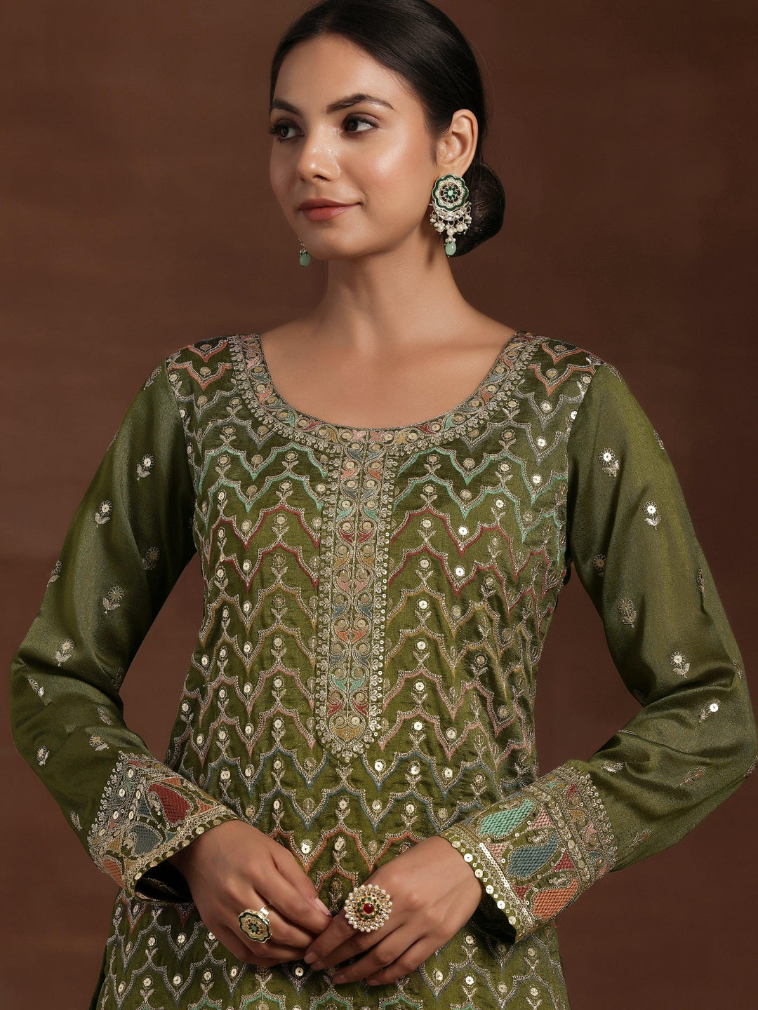 Olive Embroidered Silk Blend Straight Kurta With Palazzos & Dupatta - Libas 