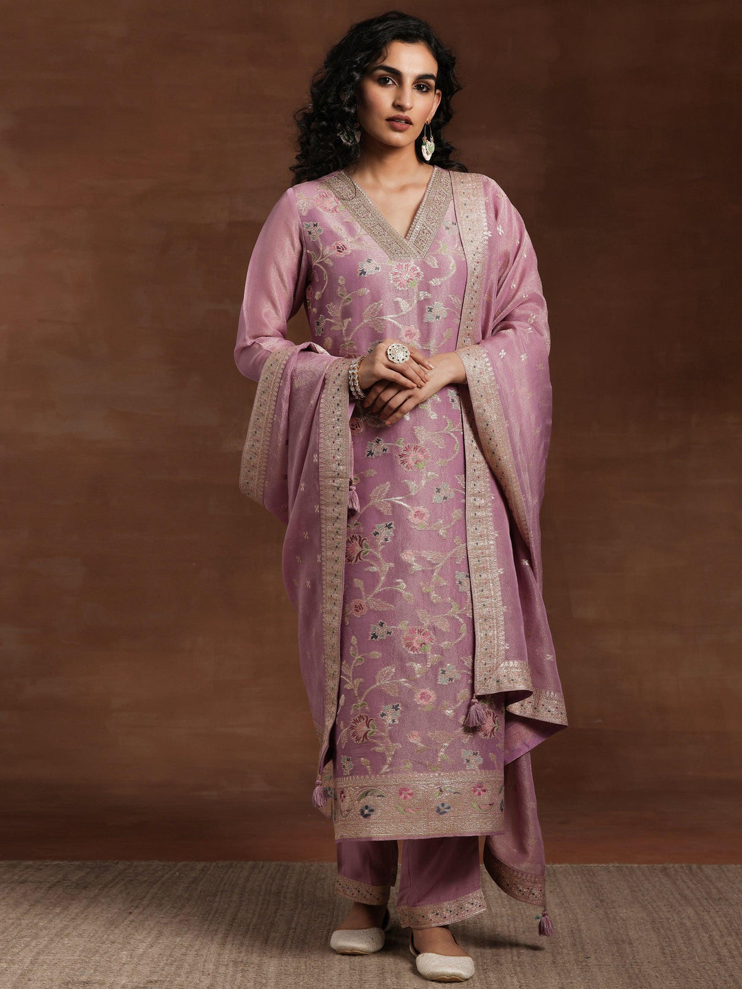 Mauve Woven Design Silk Blend Straight Kurta With Trousers & Dupatta - Libas