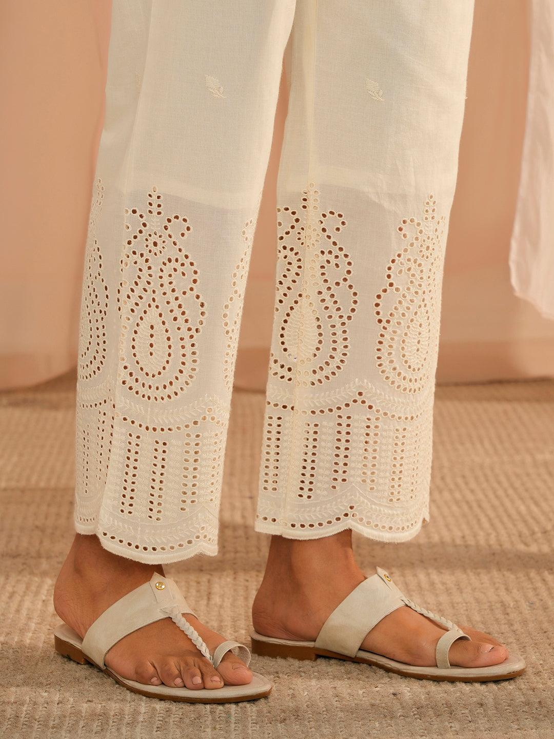 Off White Embroidered Cotton Straight Fit Palazzos - Libas 