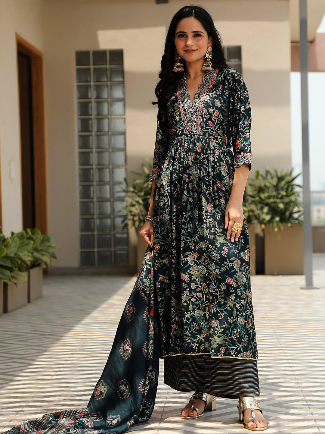 Blue Printed Silk Blend A-Line Kurta With Palazzos & Dupatta - Libas 