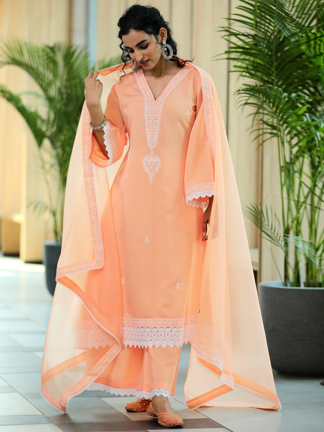 Peach Embroidered Silk Blend A-Line Kurta With Palazzos & Dupatta - Libas 