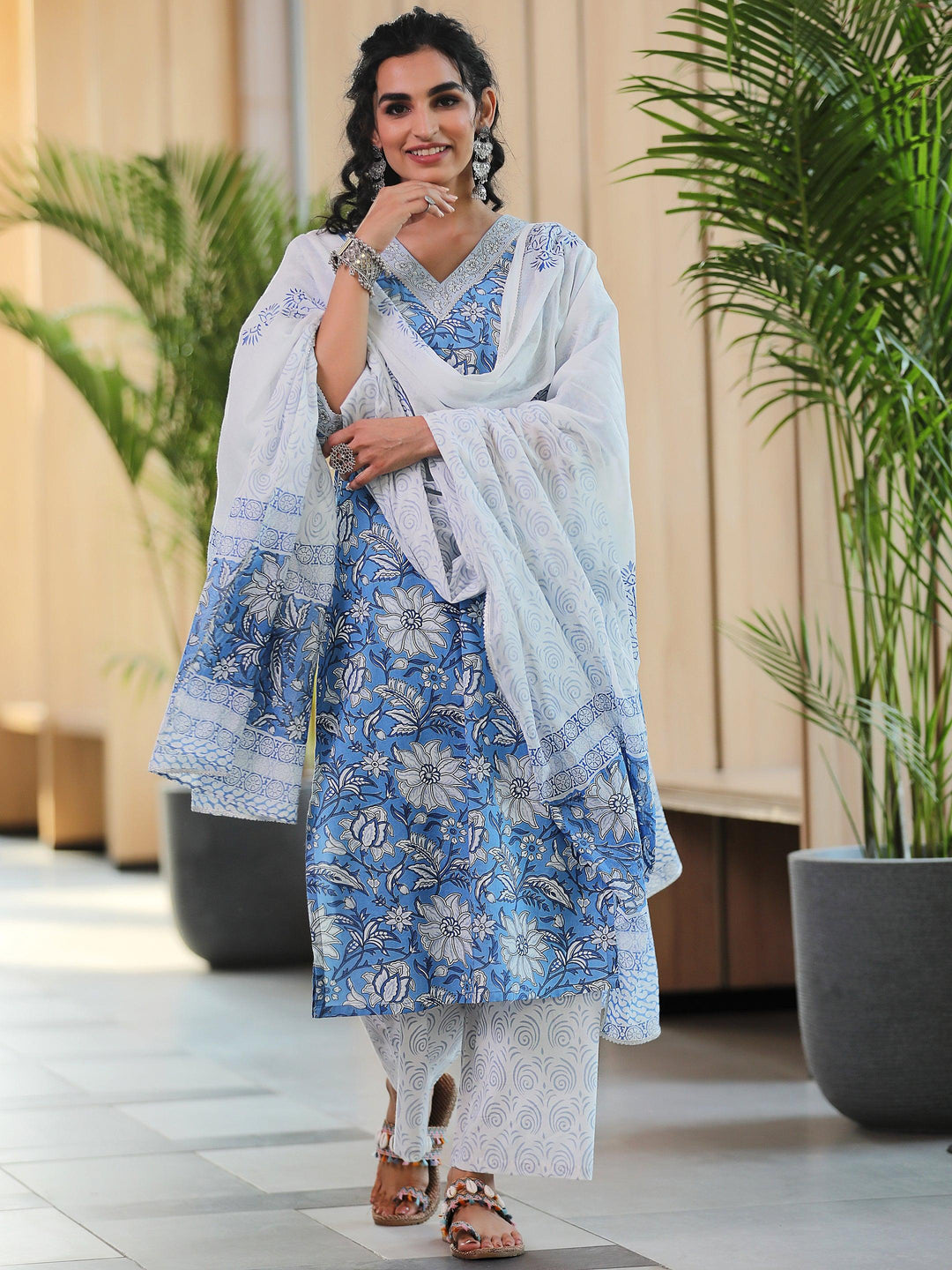 Blue Printed Cotton Straight Suit With Dupatta - Libas