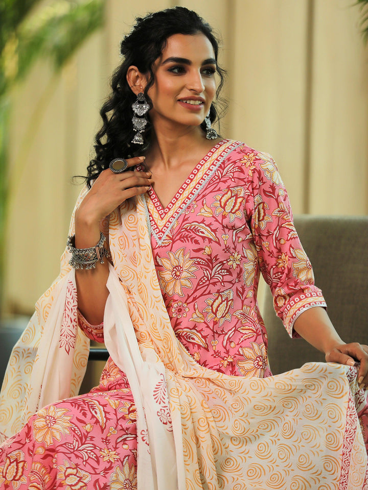 Pink Printed Cotton Straight Suit With Dupatta - Libas