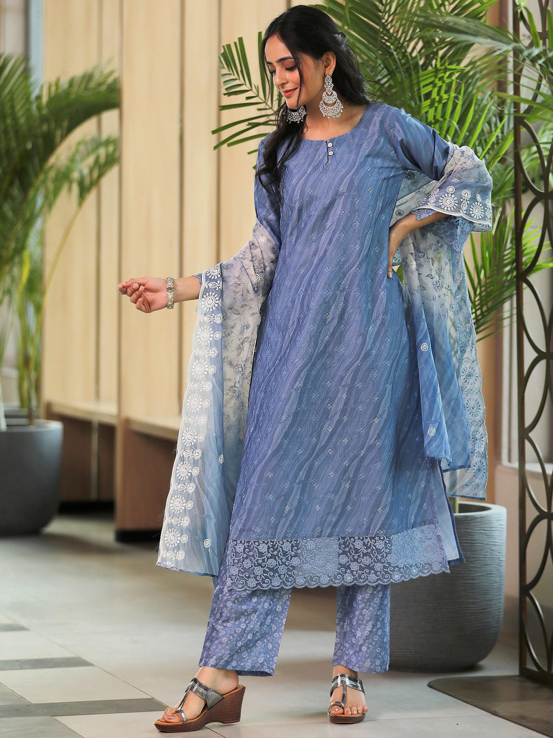 Blue Embroidered Silk Blend Straight Suit With Dupatta - Libas 