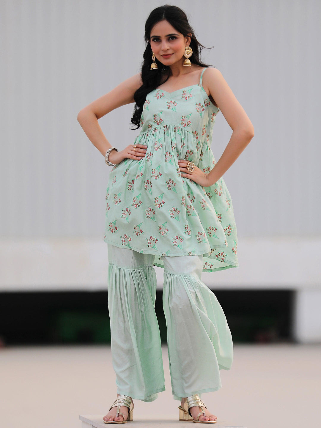 Sea Green Printed Silk Blend A-Line Kurta With Sharara - Libas