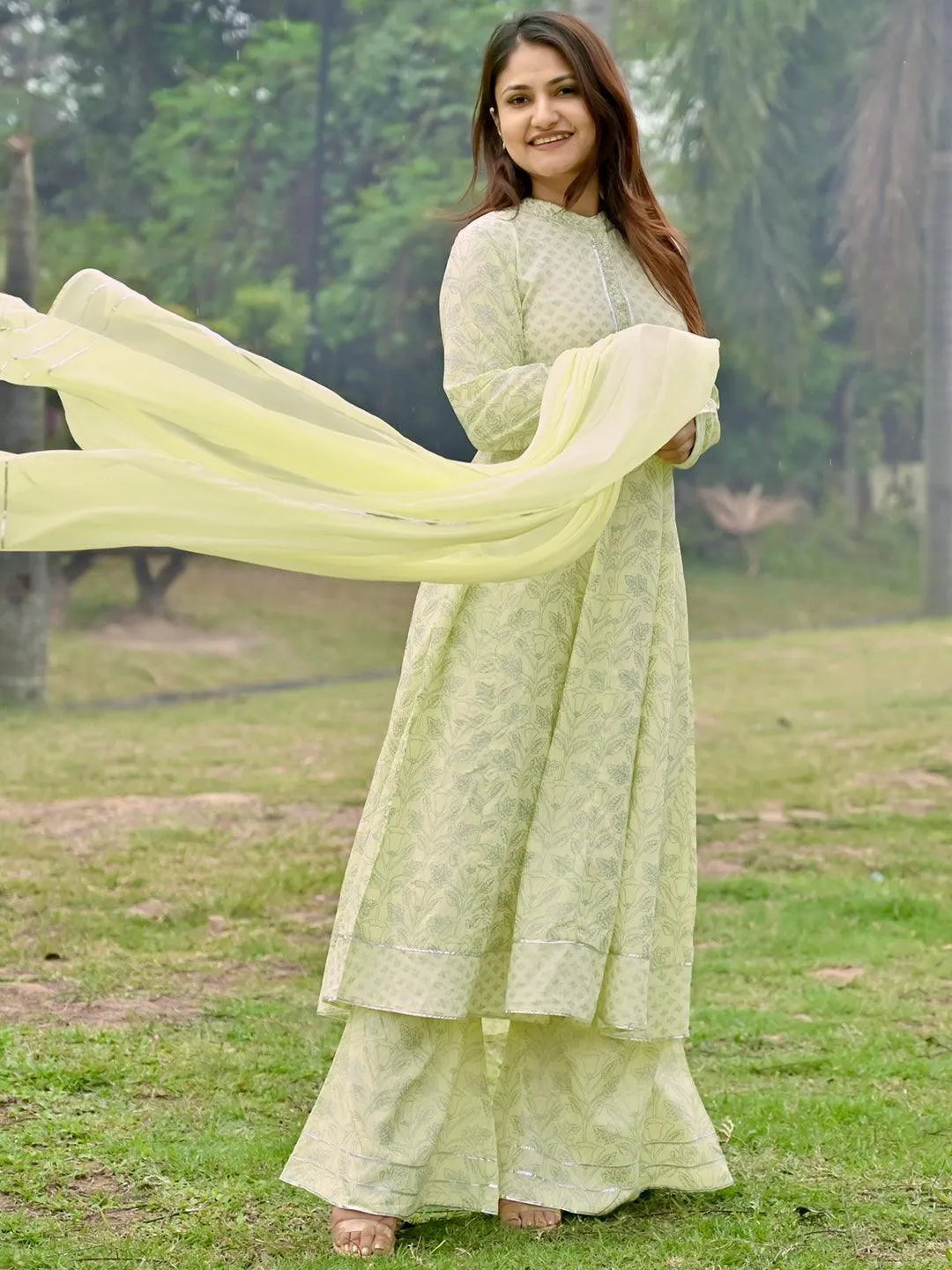 Yellow Printed Cotton A-Line Kurta With Palazzos & Dupatta - Libas 