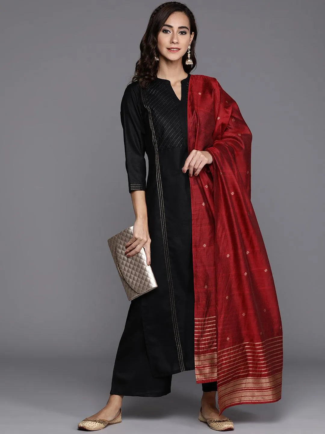  Black Solid Cotton Straight Kurta With Palazzos & Dupatta 