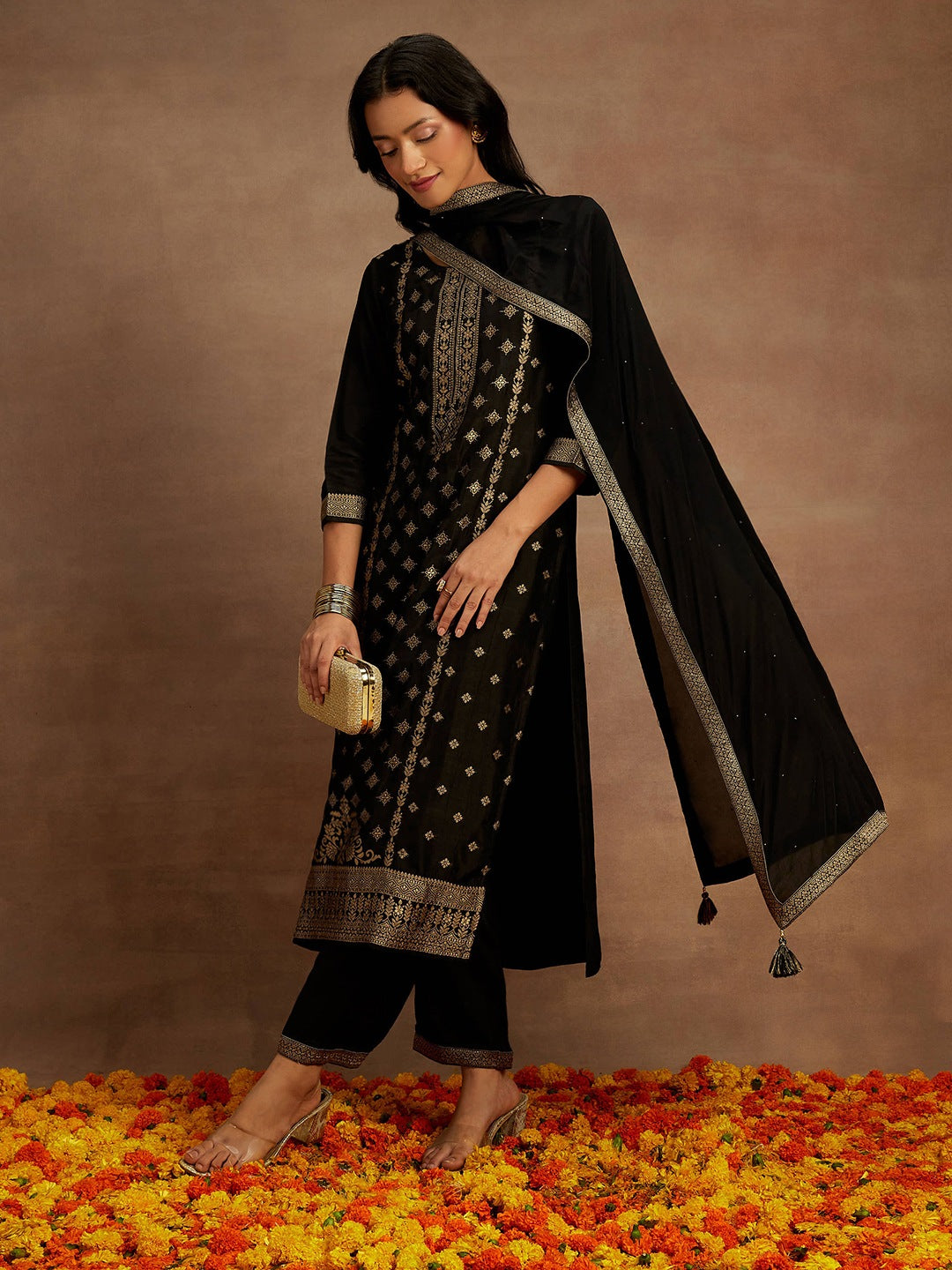  Black Woven Design Silk Blend Pakistani Suit 