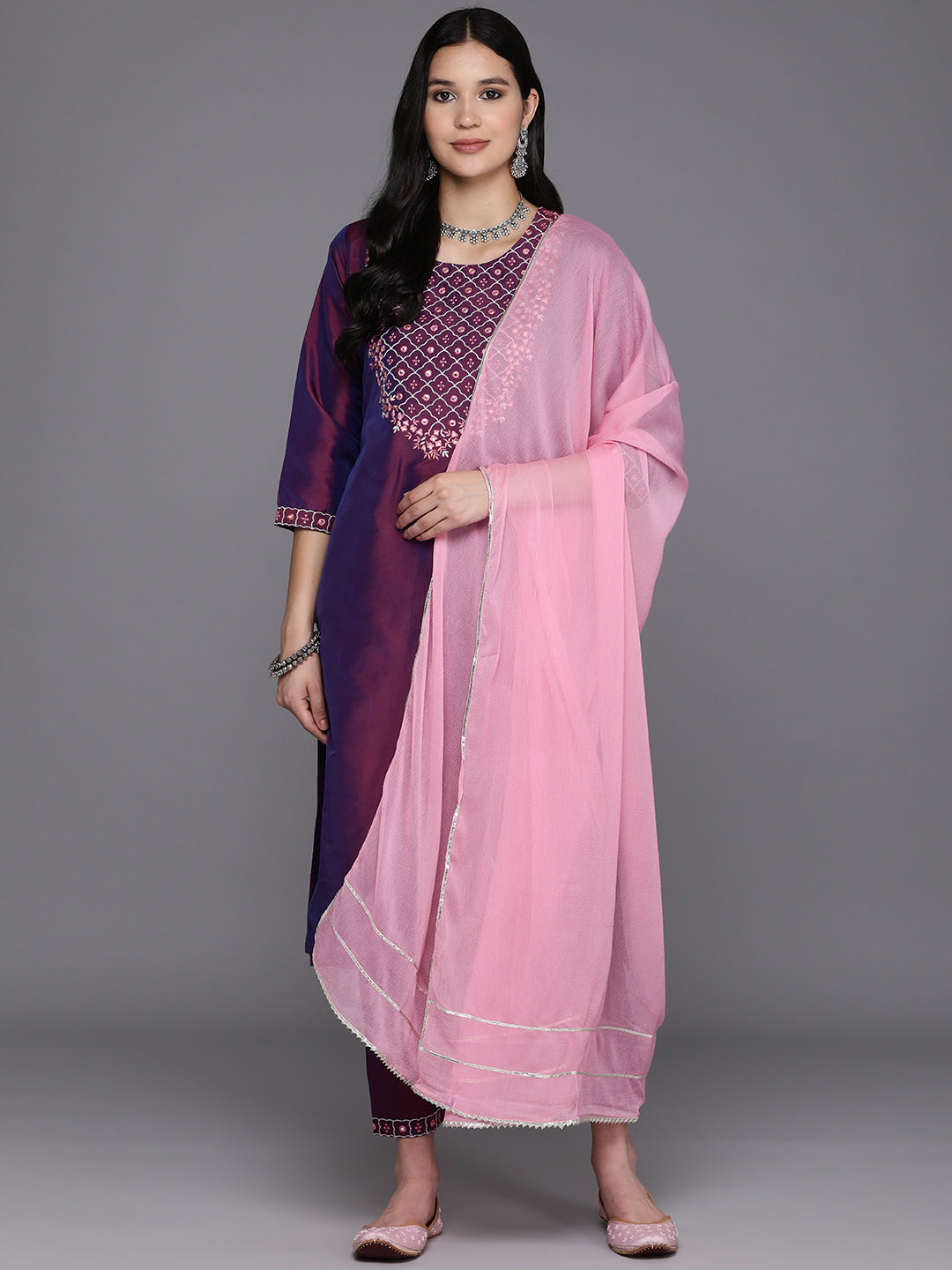 Burgundy Embroidered Silk Blend Straight Kurta With Trousers & Dupatta