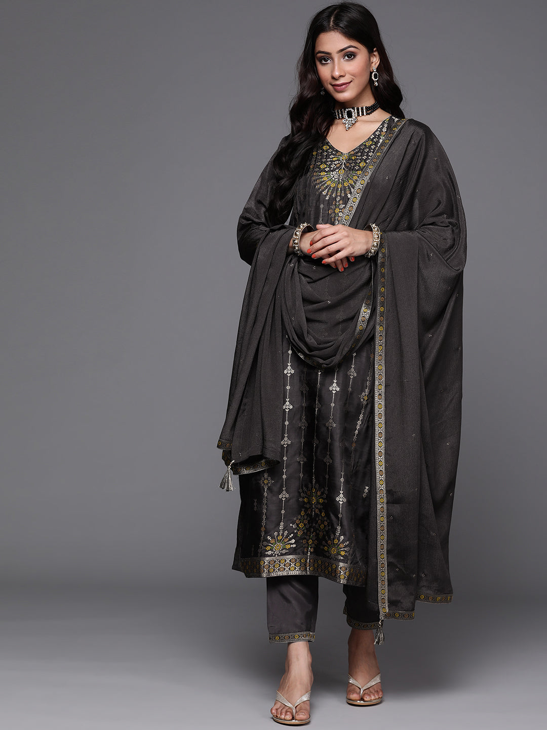  Charcoal Self Design Silk Straight Kurta With Dupatta 