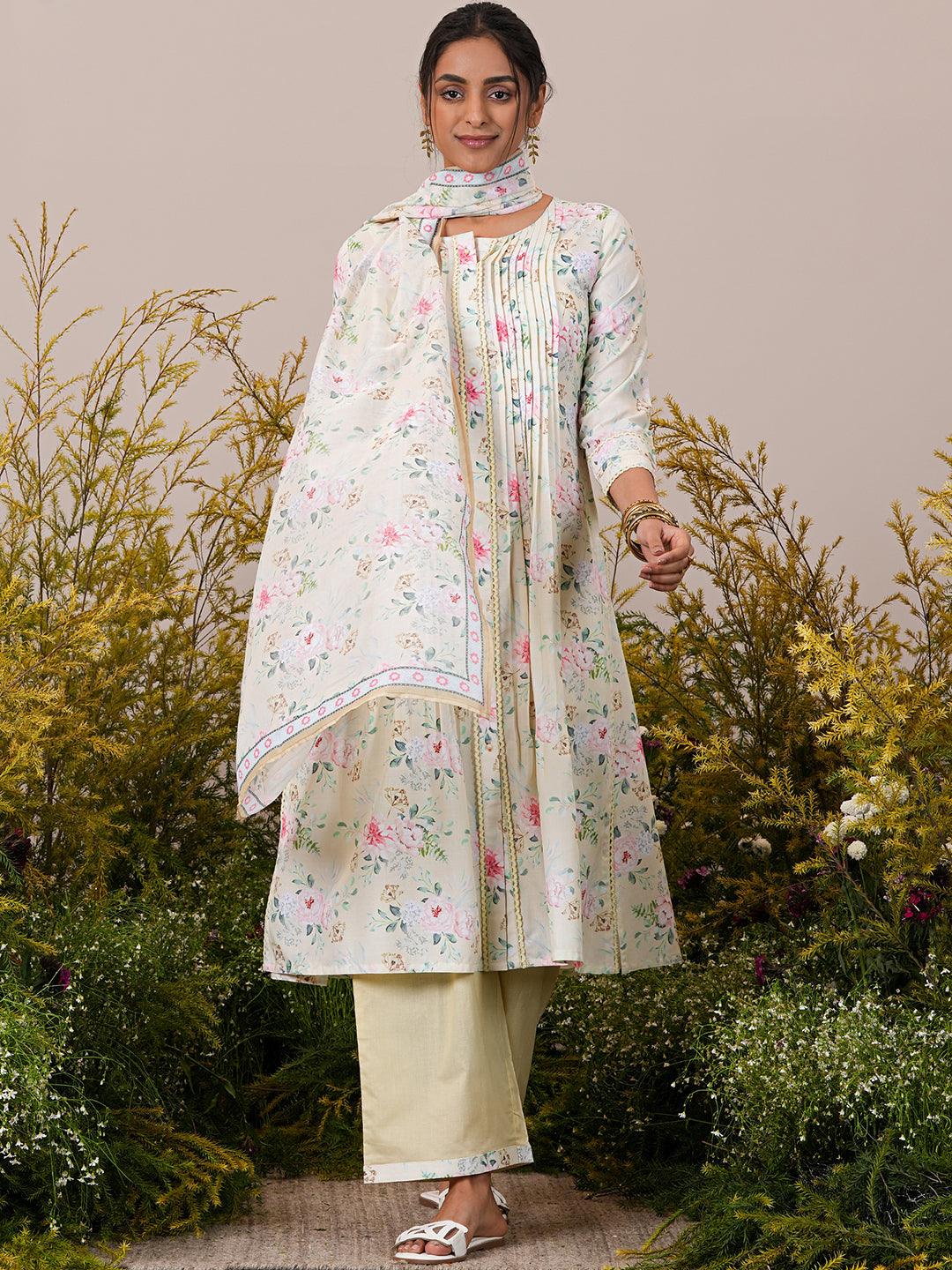 Yellow Printed Cotton Blend A-Line Kurta With Palazzos & Dupatta - Libas 