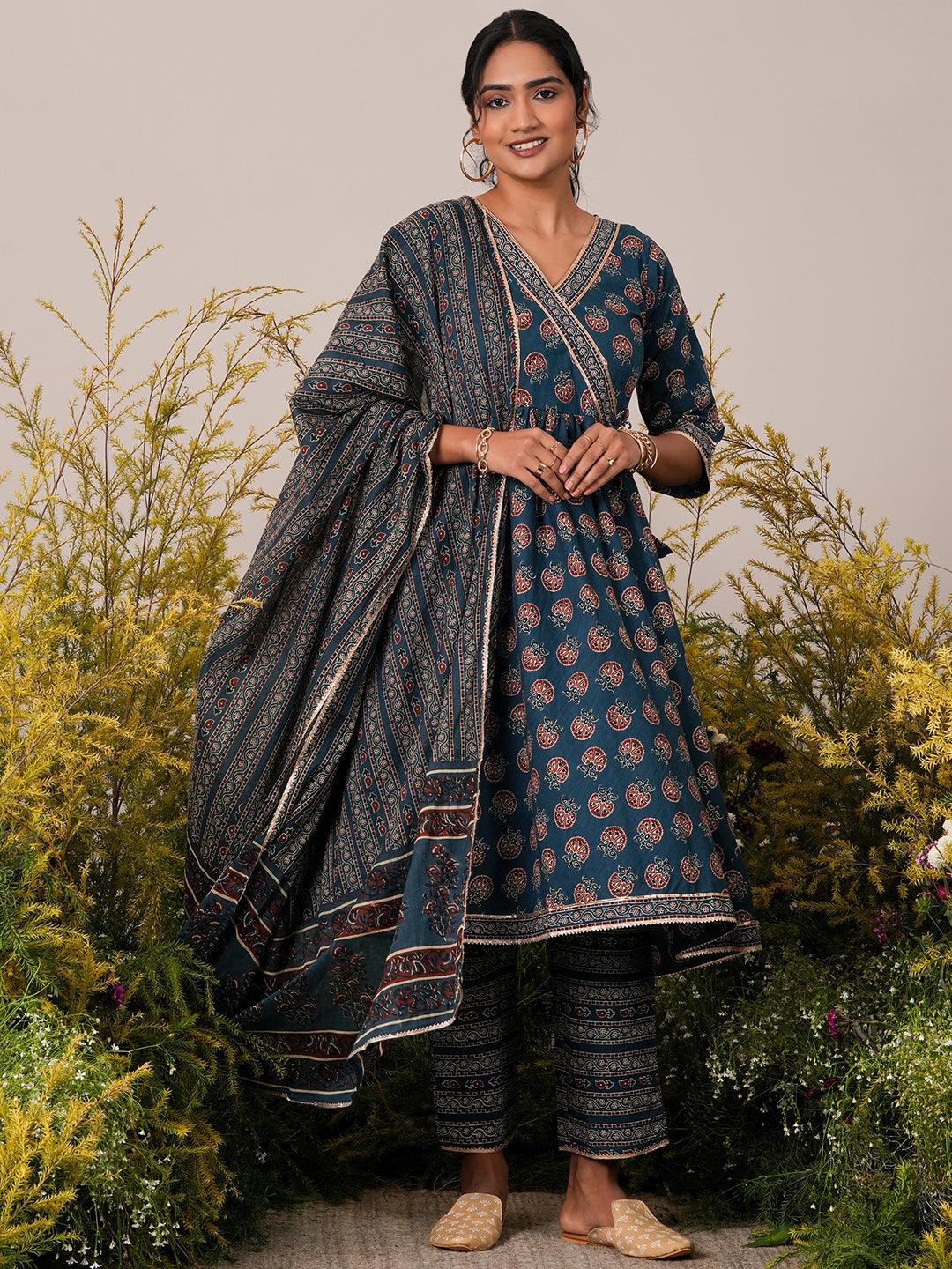 Blue Printed Cotton Anarkali Suit With Dupatta - Libas 