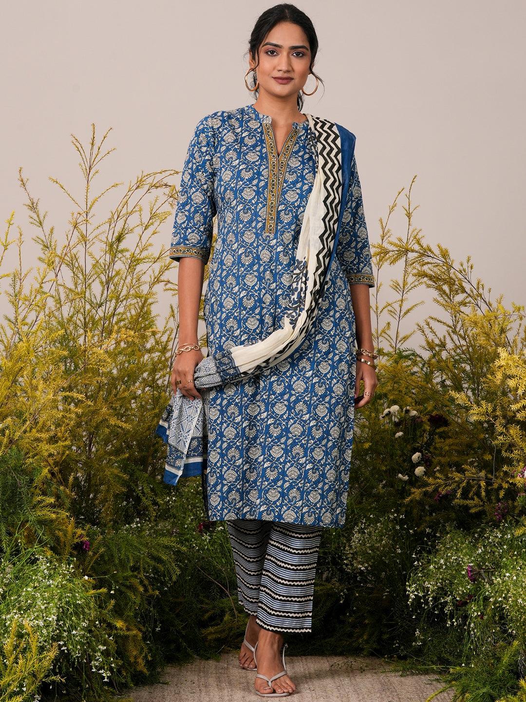 Blue Printed Cotton Straight Suit With Dupatta - Libas 