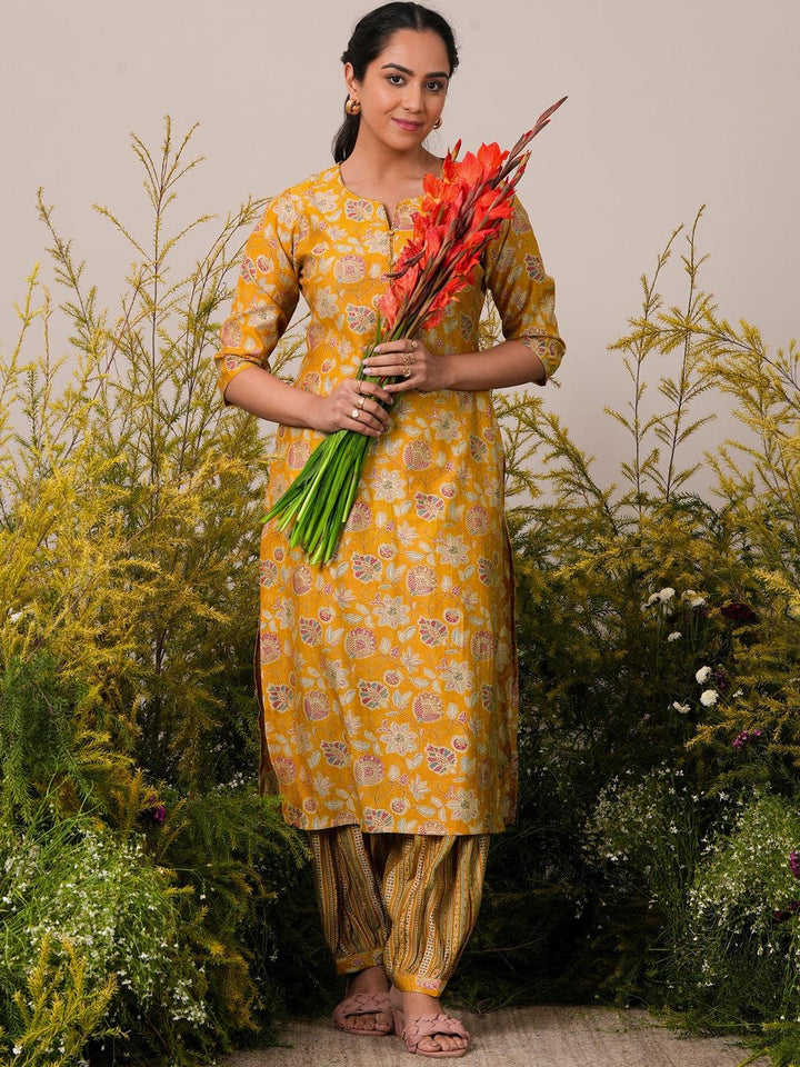 Yellow Printed Silk Blend Straight Kurta Set - Libas