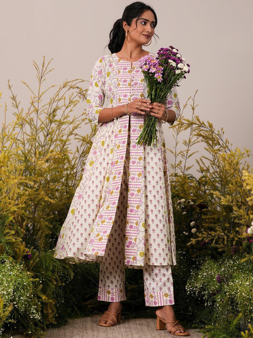 Off White Printed Cotton A-Line Kurta With Trousers - Libas 