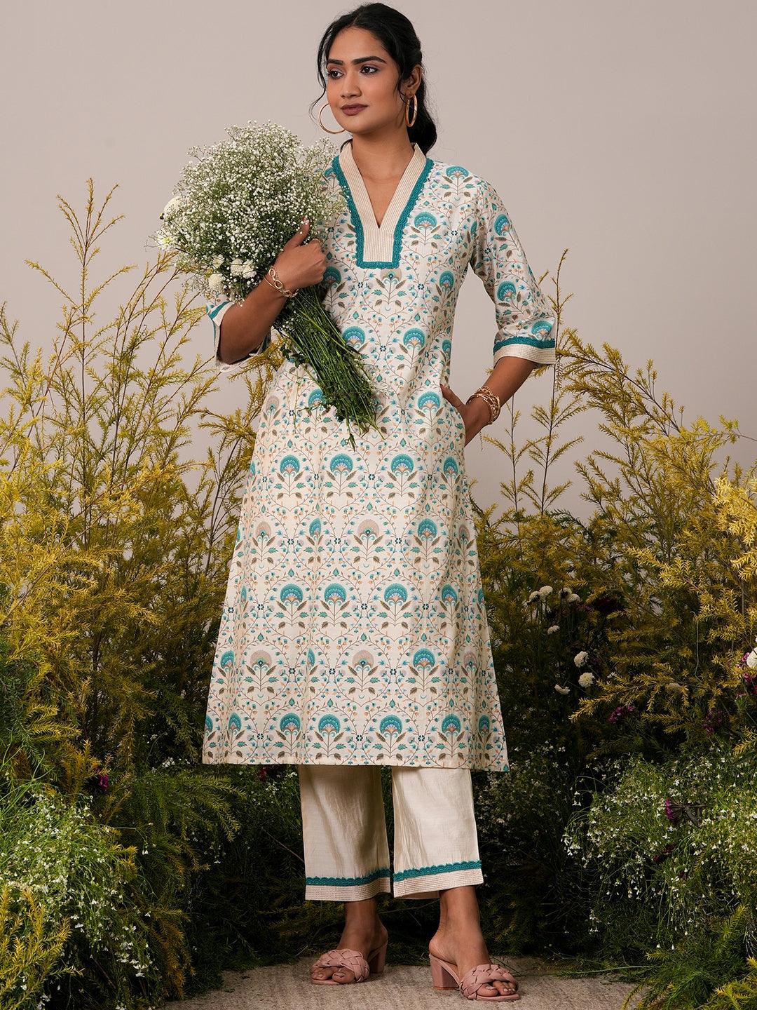 Beige Printed Chanderi Silk A-Line Kurta With Palazzos - Libas 