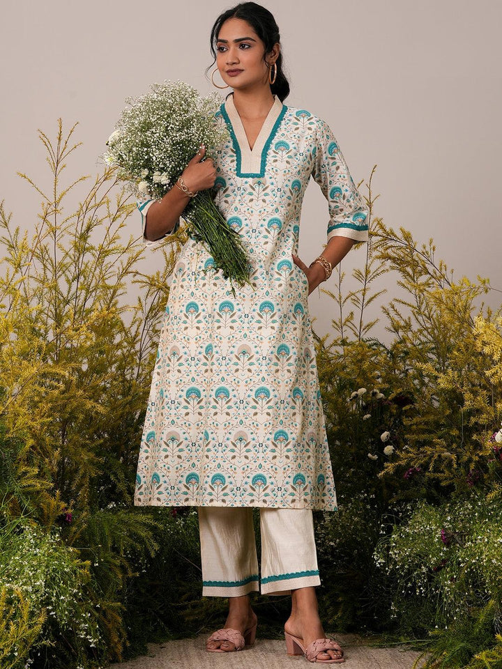 Beige Printed Chanderi Silk A-Line Kurta With Palazzos - Libas